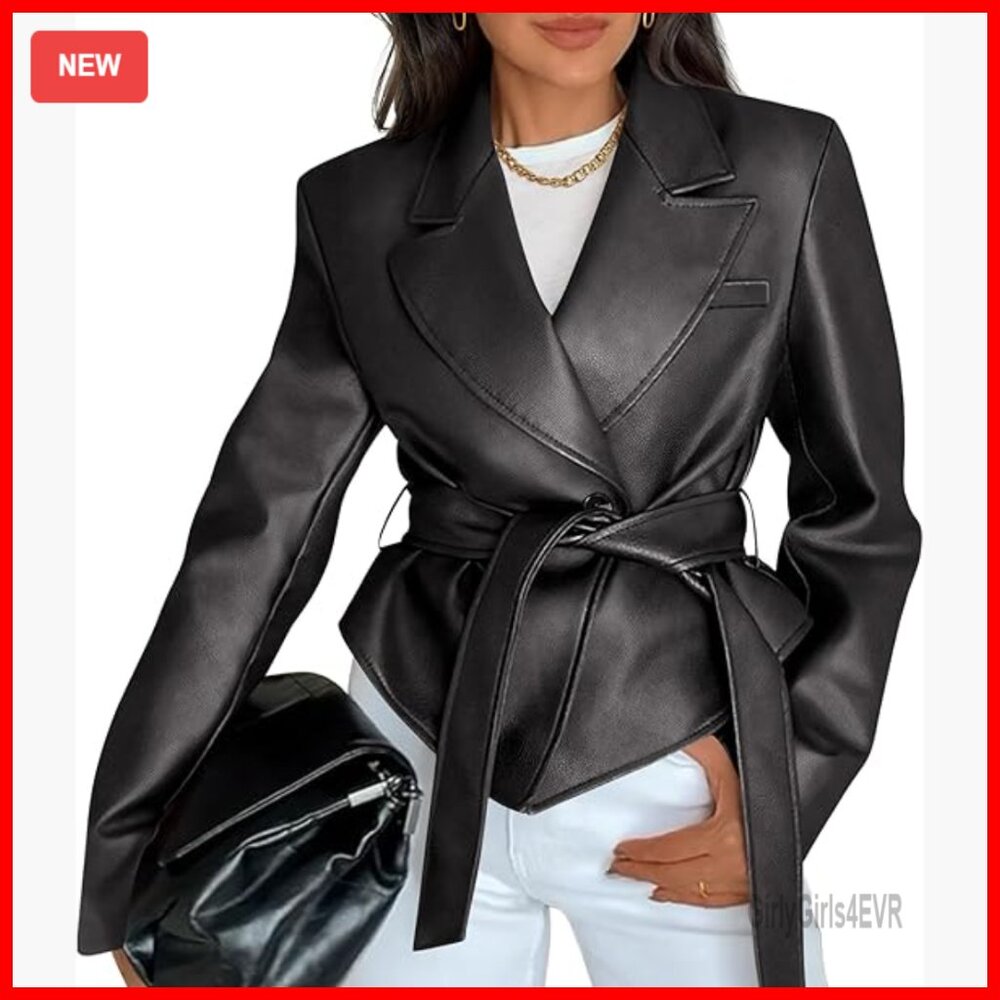 Faux Leather Blazer With Removable Belt, Notch Lapel, Drop Shoulder